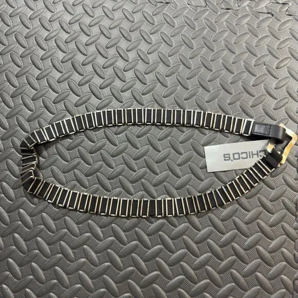 Chico's Retro Style Stretch Belt Womens Size M/L Silver Archaic Hieroglyphic NWT